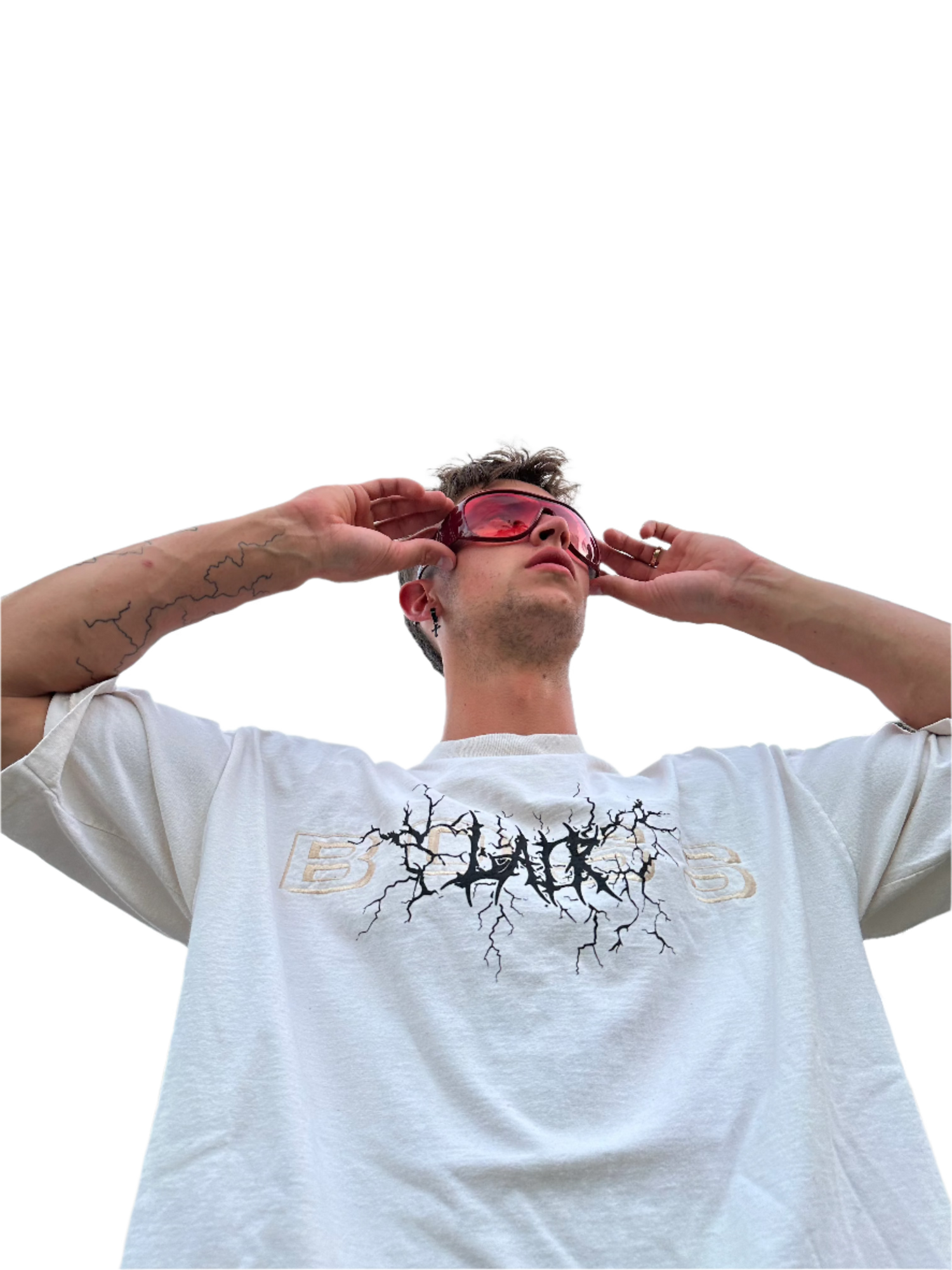 Mantle shirt with Original Lair Logo, vintage BOSS white, gold lettering, boxy drop shoulder.