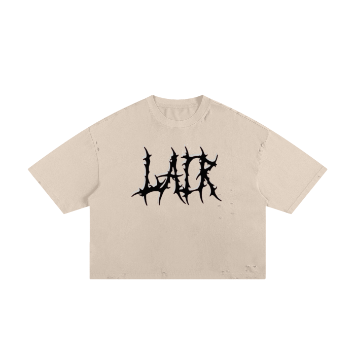Classic Frayed Boxy Tee Chaos in 250 GSM cotton with detailed size chart for chest, length, shoulder, and sleeve length.