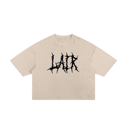 Classic Frayed Boxy Tee Chaos in 250 GSM cotton with detailed size chart for chest, length, shoulder, and sleeve length.