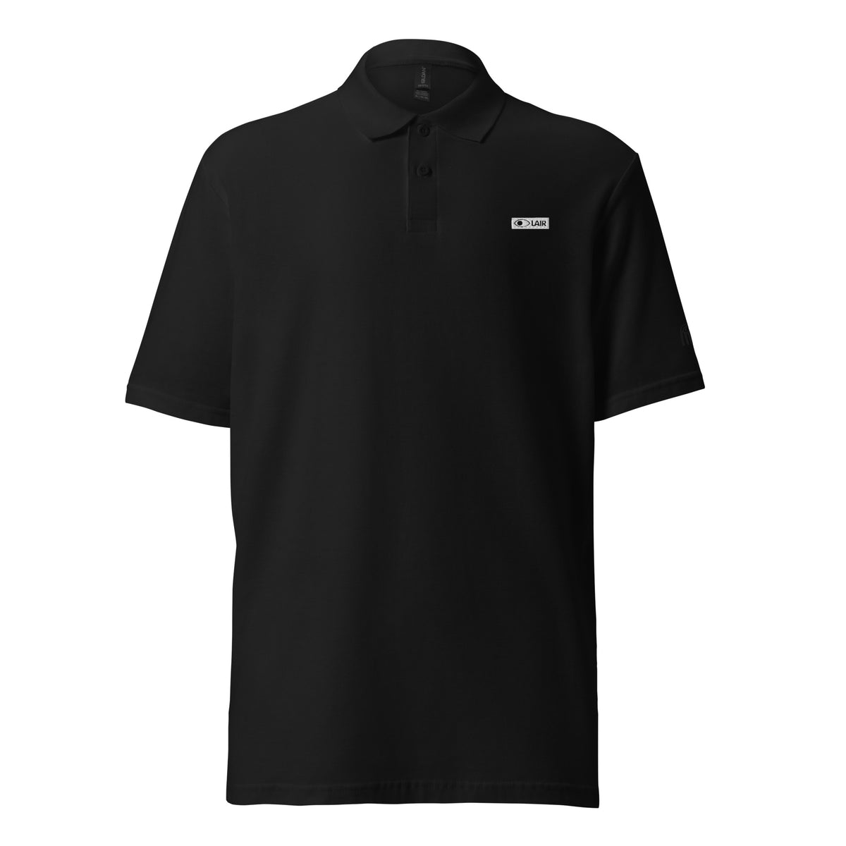 Corporate polo, front view — black pique polo shirt with a small white LAIR logo on the left chest